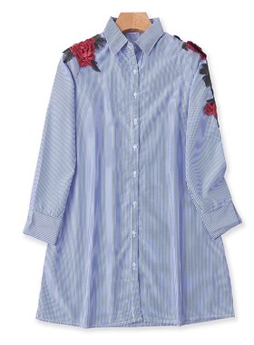 中长款刺绣长袖衬衫 女绣花连衣裙 春秋新款宽松打底衫上衣 07052