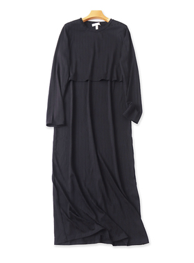 圆领假两件暗纹连衣裙 春夏季新款长袖宽松休闲显瘦女长裙子02272