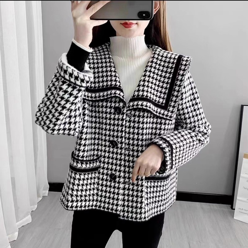 海军领千鸟格针织外套宽松纽扣