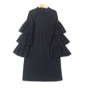 外贸半高领针织连衣裙 春秋新款喇叭袖中长款女套头毛衣裙子05114