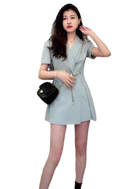 两件套装西装连衣裙+半松紧腰短裤休闲时尚女显瘦中长款裙子17114