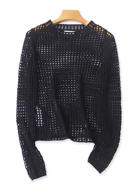 小立领长袖镂空衫 春秋新款宽松罩衫女套头显瘦休闲黑色上衣24182