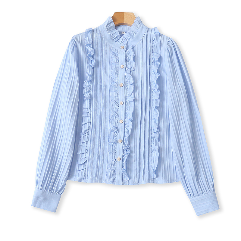 立领木耳边长袖衬衫春秋季新款