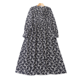 长款 V领碎花长袖 时尚 春夏新款 A字显瘦女收腰系带裙子13492 连衣裙