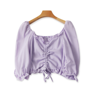 新款 灯笼袖 抽绳上衣套头一字小衫 木耳边短款 夏季 T恤女露脐装
