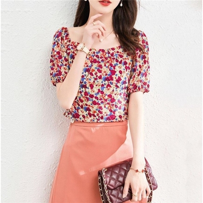 方领碎花雪纺小衫夏季新款短袖