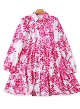 翻领碎花连衣裙 春秋新款中长款长袖女纽扣开衫裙时尚衬衫裙02104