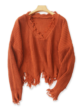 欧美流苏毛边V领针织衫春秋新款长袖毛衣百搭显瘦女外单上衣13423