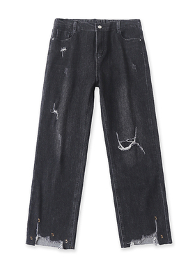 时尚半松紧腰牛仔裤 春秋新款直筒破洞显瘦女毛边小脚长裤子04014