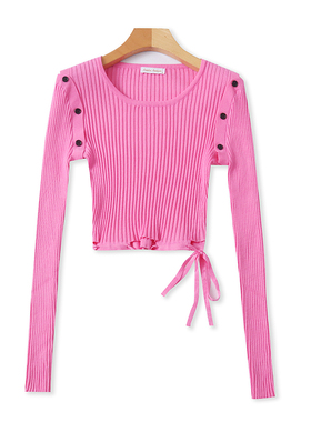 短款圆领长袖针织衫 春秋新款高腰弹力系带打底衫女修身上衣16334