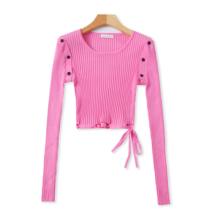 短款圆领长袖针织衫 春秋新款高腰弹力系带打底衫女修身上衣16334