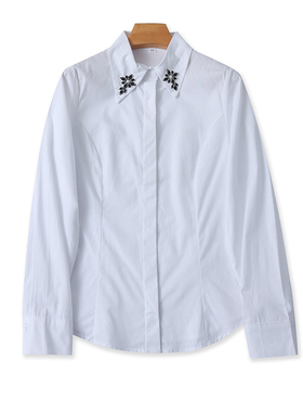 外贸翻领钉珠衬衫 春秋新款时尚长袖衬衣女纽扣开衫宽松上衣12302