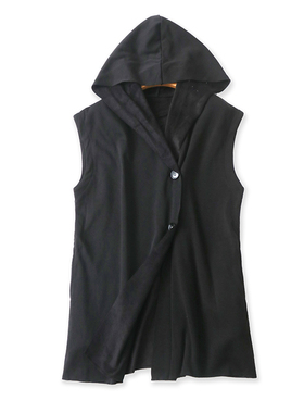 连帽加绒无袖马甲 春秋新款纽扣开衫外套 宽松大版显瘦上衣 13344