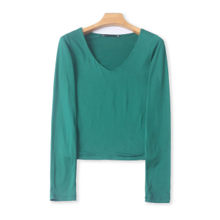 时尚 春秋新款 女装 套头打底衫 上衣07594 外贸双层V领长袖 修身 T恤衫