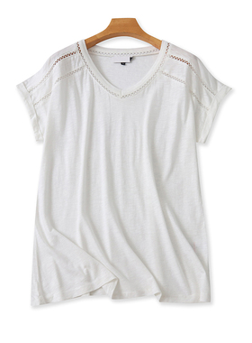 V领镂空短袖T恤衫 夏季新款蝙蝠衫 宽松纯色显瘦女打底上衣 23123