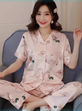翻领仿真丝印花衬衫 女家居服夏季新款短袖纽扣开衫百搭睡衣20221