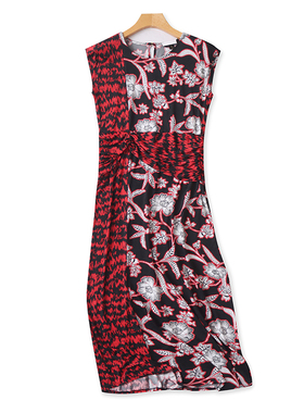 圆领印花无袖收褶垂感连衣裙 夏季新款百搭时尚女士长款裙子03194