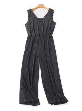 V领亮晶丝背心连体裤 夏季新款显瘦连体衣女装外贸直筒裤子 19452