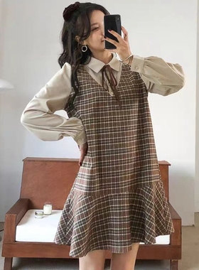 甜美假两件翻领连衣裙 春秋新款长袖荷叶边女套头格子时尚裙19081
