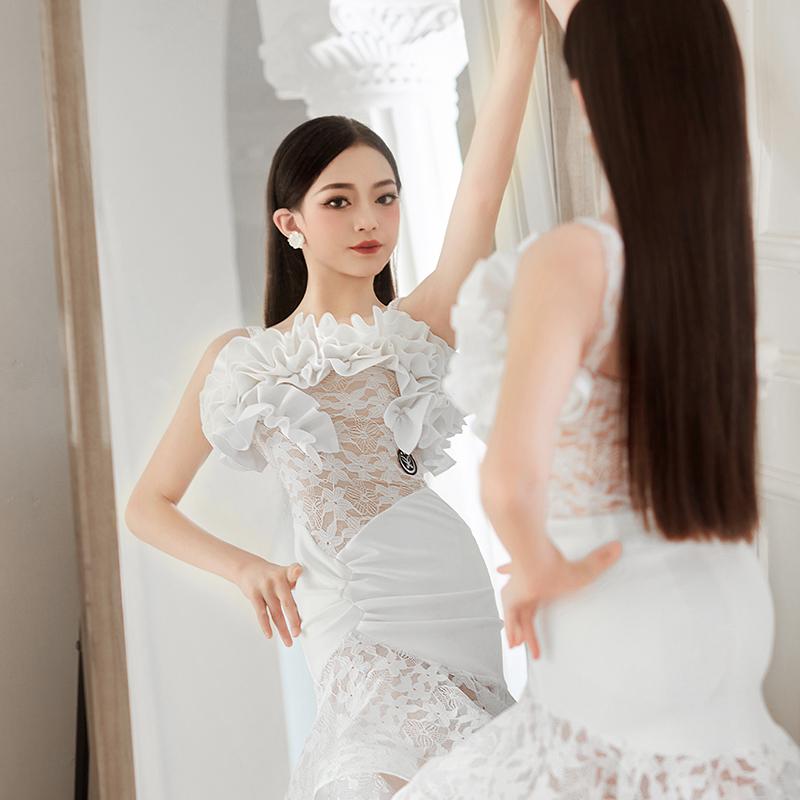 星辰舞服拉丁舞练习服千层花边一字肩领口花纹网纱裙优雅高级气质