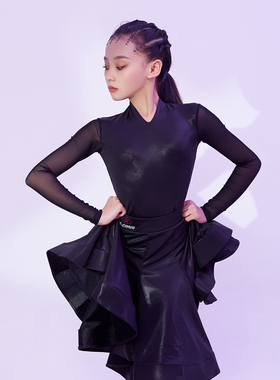 星辰舞服2024新款拉丁裙女童规定服V领黑色牛仔长袖演出服A20259