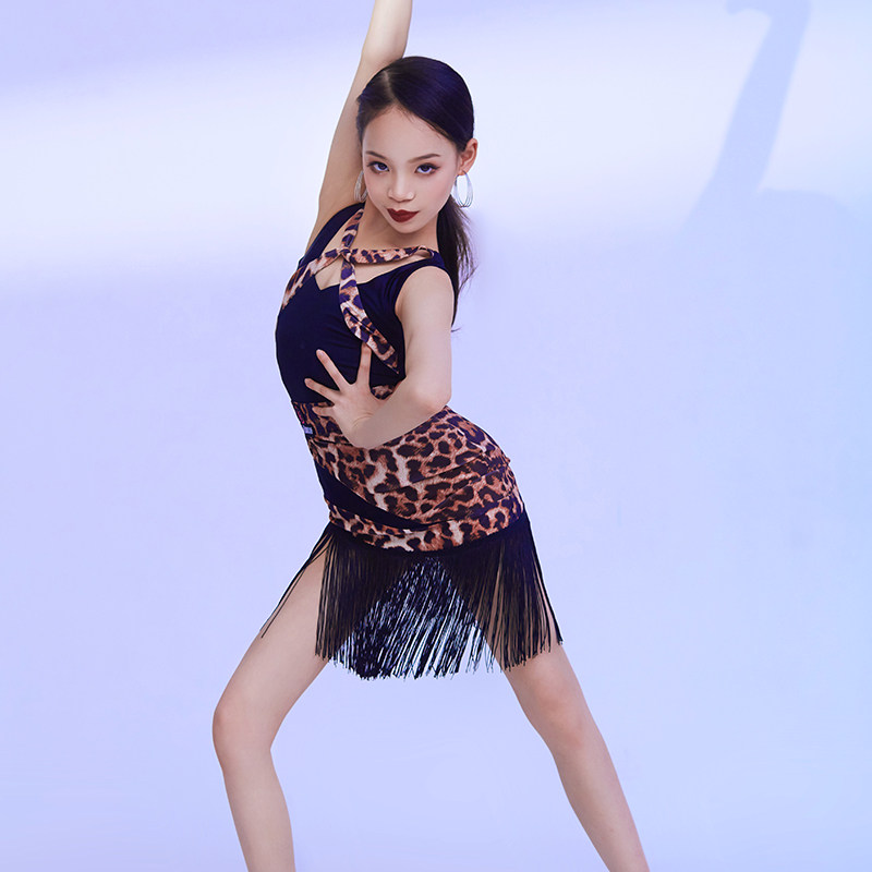 星辰舞服拉丁舞女童演开场舞出服少儿成人恰恰练功服豹纹拼接流苏