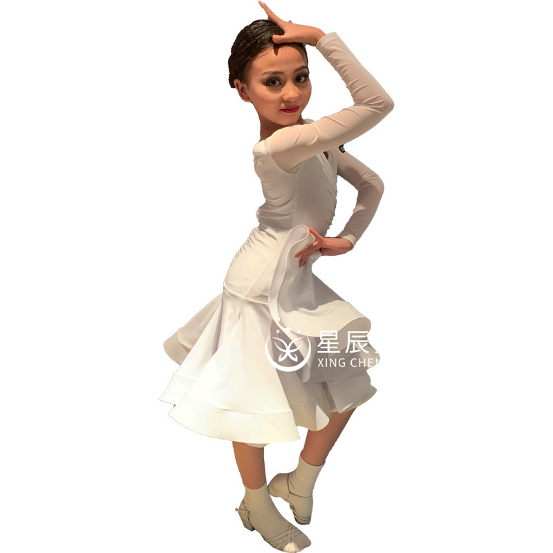 星辰舞服新款拉丁舞裙女儿童舞蹈服比赛服规定服班服白色褶皱裙