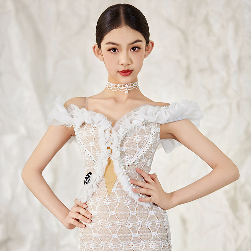 星辰舞服拉丁舞练习服蕾丝花边珍珠镶嵌暗花纹露肩高级优雅显气质