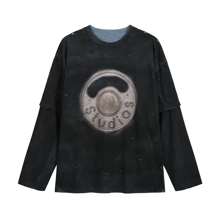 AC 做旧磨破纽扣LOGO字母数码印假两件长袖T恤 花纱蓝 S-XL  8211#