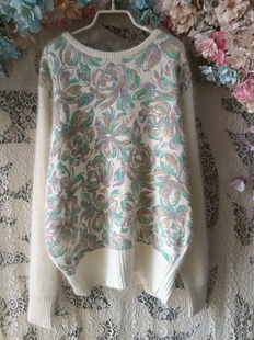 2024新品彩色印花复古着田园风甜美小套头兔绒兔兔毛网红毛衣兔毛