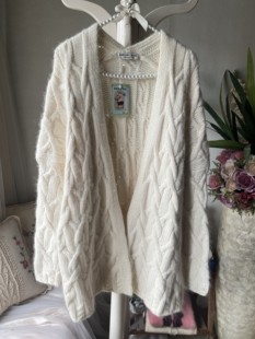 纯白色棒针编织加厚中长款 兔毛兔绒 披肩大外套重工工艺重磅开衫