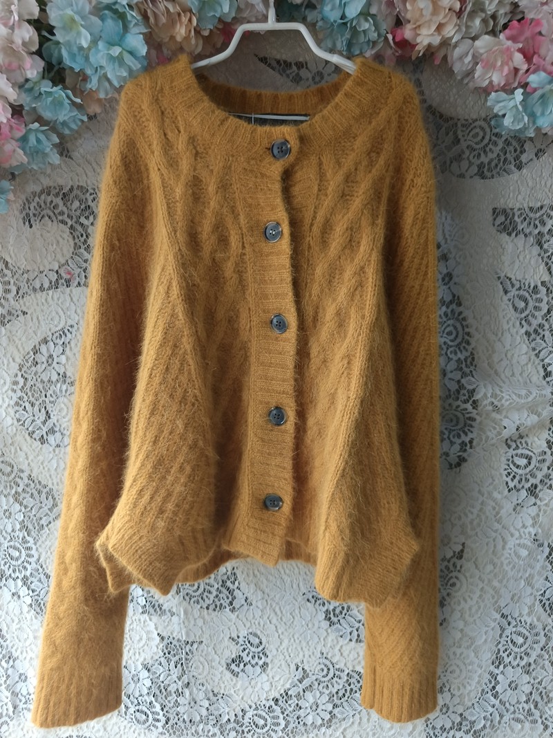 新品 亮黄色麻花钩织棒针加厚外套开衫兔毛毛衣女