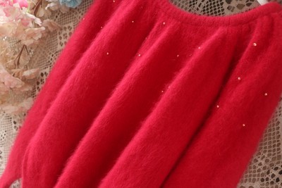 甜美西瓜红圆领珍珠蝙蝠袖兔毛仙美套头2021新品 安哥拉兔毛毛衣