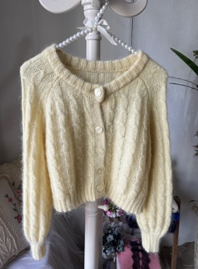 复古毛衣淡黄色麻花毛衣开衫外套超短款加厚小开衫上衣马海毛开衫