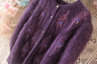 紫色重工工艺重磅刺绣布艺加厚兔毛开衫原单单品2021新品兔毛毛衣