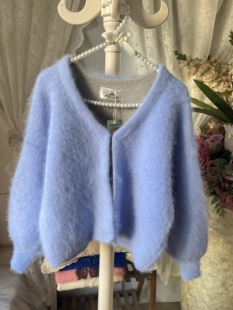 长毛兔毛 外套软糯针织开衫 日系甜美风淡蓝色V领短款 加厚披肩开衫