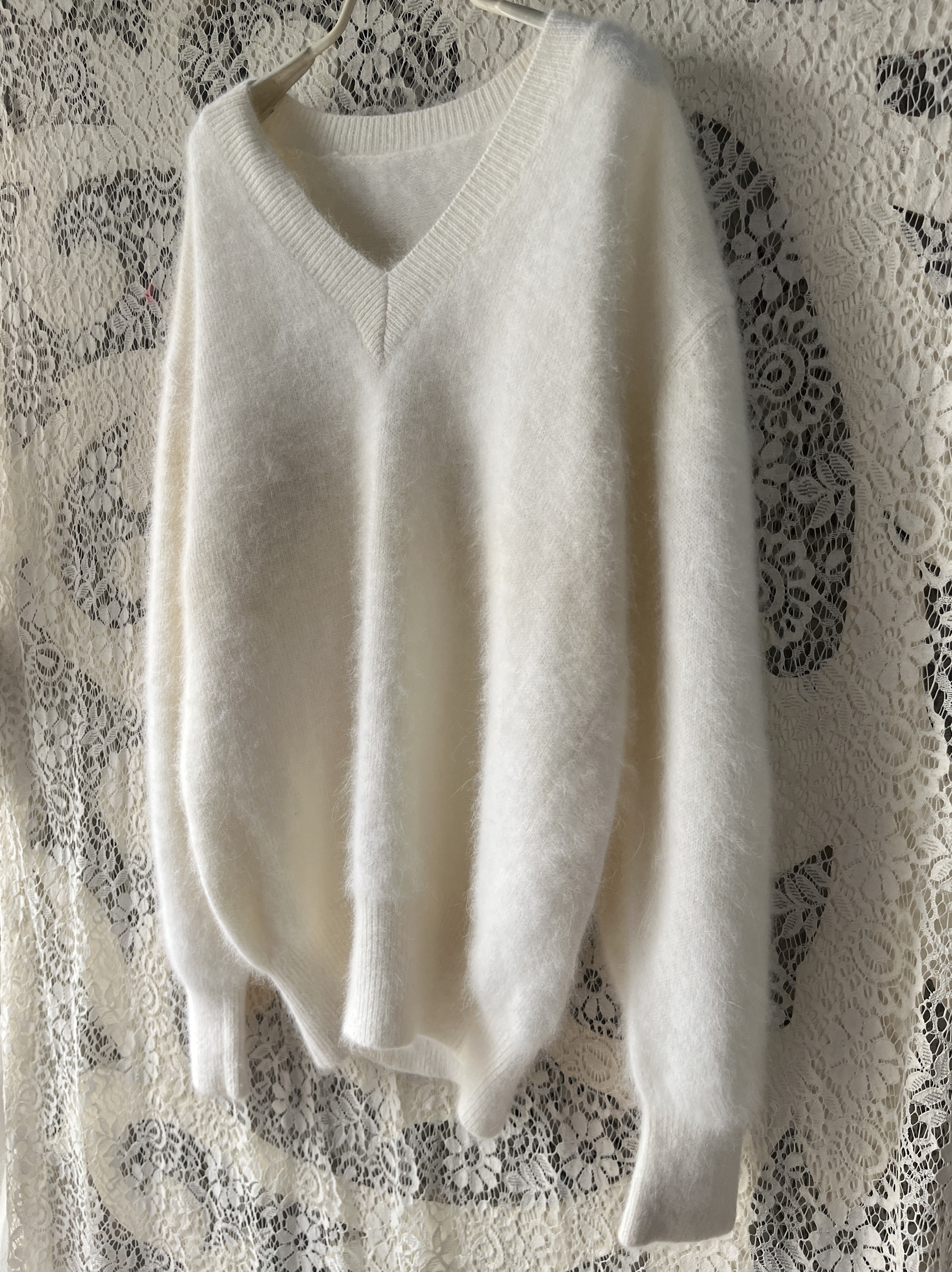 秋冬新品显白100%兔绒v领拉绒工艺套头毛衣白色V领套头兔毛毛衣