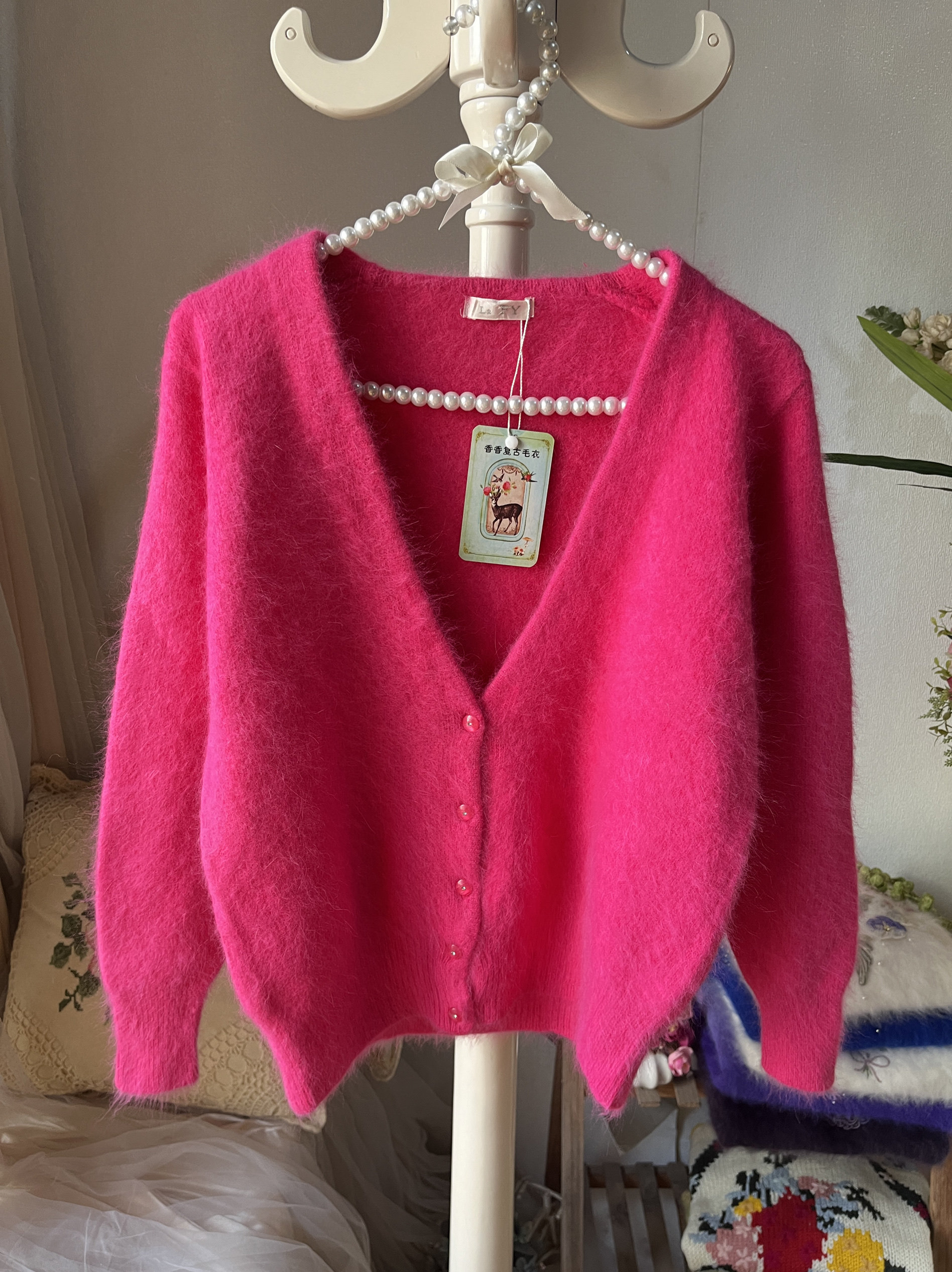 2025新品玫红色大V披肩开衫外套兔绒兔毛长袖兔毛