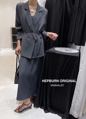 HEPBURN2023春夏气质显瘦腰带纯色外套西装领系带丝滑雪纺衬衫女