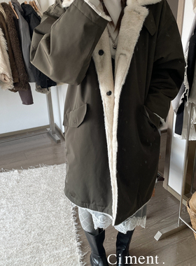 ciment 韩国东大门复古保暖双面穿毛毛工装中长款大衣外套