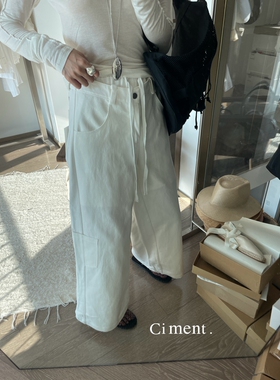 ciment 秋款 品质感设计师双层拼接抽绳白色阔腿长裤