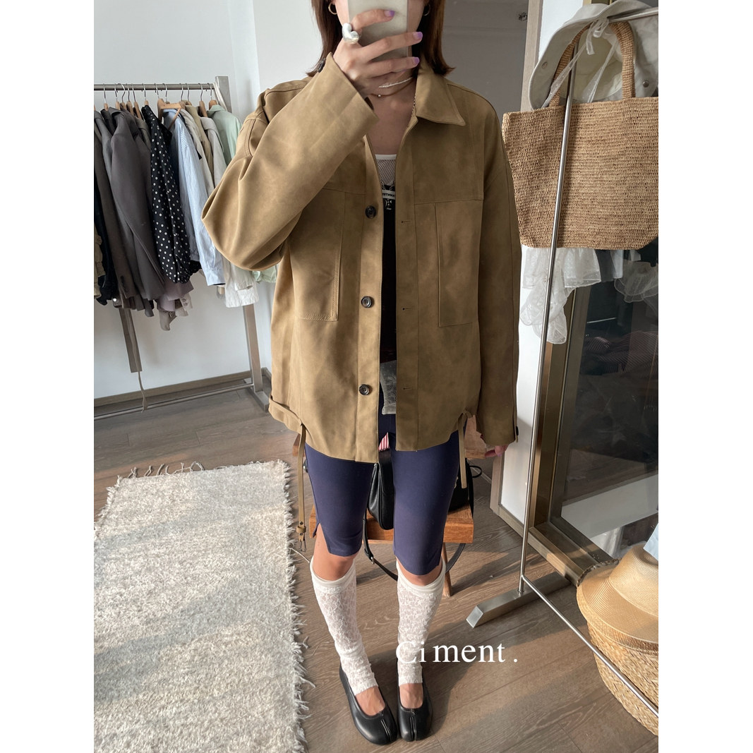 ciment 老钱风韩女设计感卡其色翻领麂皮翻毛皮宽松皮衣外套