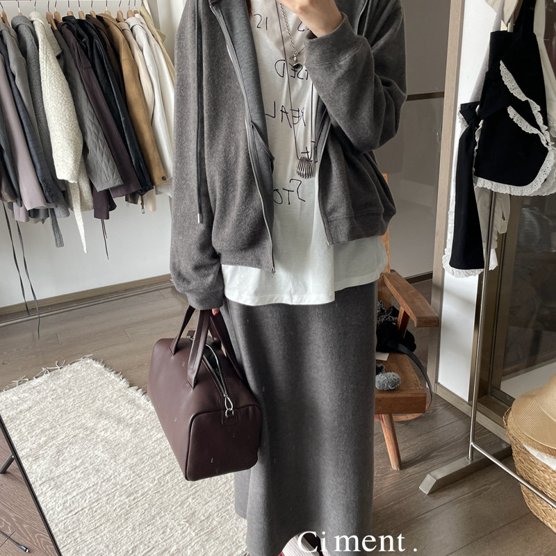 ciment 极简好穿加绒灰色连帽拉链卫衣半身长裙套装