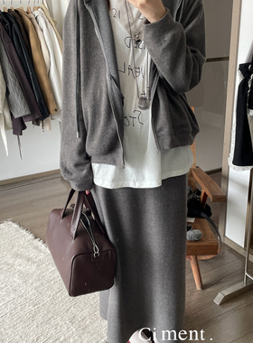 ciment 极简好穿加绒灰色连帽拉链卫衣半身长裙套装