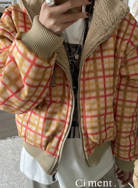 ciment 韩国东大门两面穿时髦格子摇粒绒翻领外套棉服
