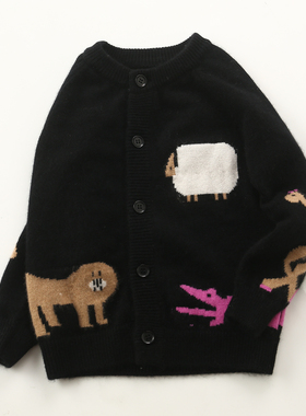 儿童羊绒衫秋冬款男女童加厚开衫圆领可爱卡通中小童保暖上衣外套