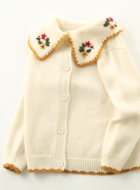 康赛妮女童100%纯衫羊绒衫翻领手工绣花儿童毛衣宝宝洋气白色外套