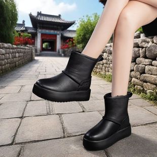 短靴休闲雪地靴 韩版 真皮牛筋厚底防滑女短靴24冬新款 头层牛皮时尚