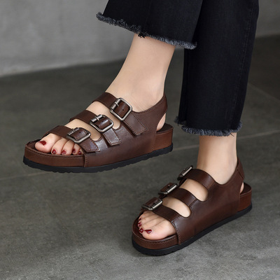 头层牛皮厚底防滑一字露趾勃肯女凉鞋2024夏新款全真皮软底沙滩鞋