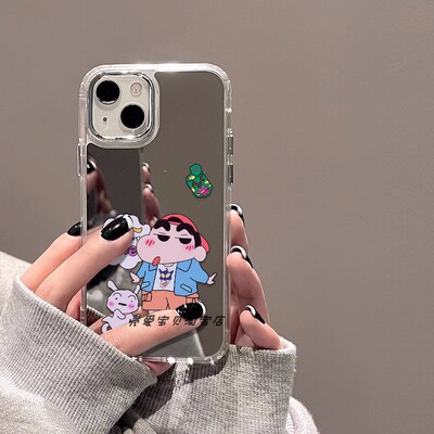 蜡笔小新适用苹果16promax卡通镜面手机壳iphone15pro小众14plus小白13女12防摔11高级感xs网红xr高颜值67/8p